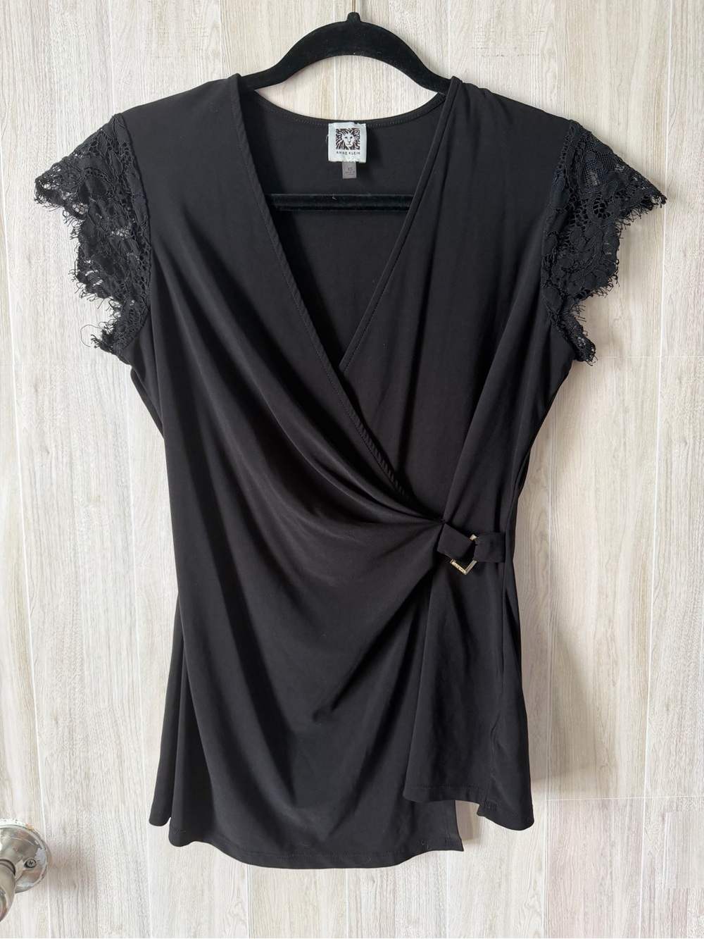 Anne Klein Black Lace Sleeve Wrap Top with Side Buckle